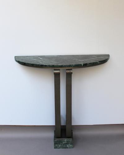 French Art Deco Marble Console with a Hammered wrought Iron Pedestal
