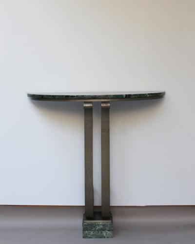 French Art Deco Marble Console with a Hammered wrought Iron Pedestal