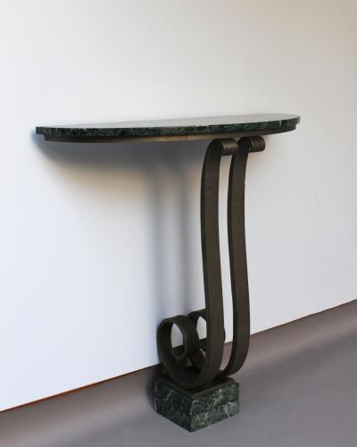 French Art Deco Marble Console with a Hammered wrought Iron Pedestal