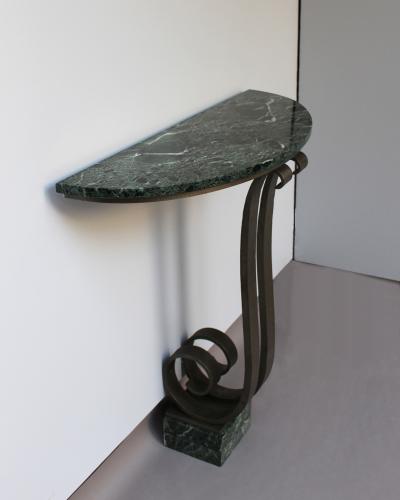 French Art Deco Marble Console with a Hammered wrought Iron Pedestal