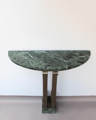 French Art Deco Marble Console with a Hammered wrought Iron Pedestal