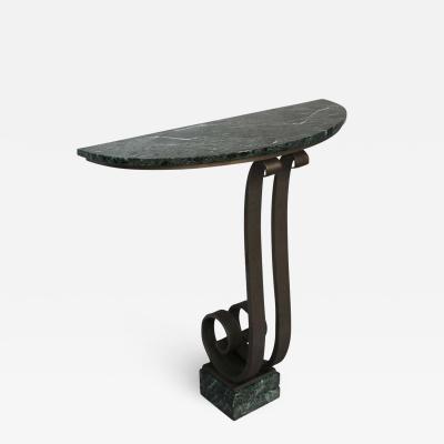 French Art Deco Marble Console with a Hammered wrought Iron Pedestal