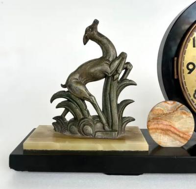French Art Deco Marble Onyx Mantel Clock with Gazelles Signed Ucra 1930s