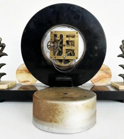 French Art Deco Marble Onyx Mantel Clock with Gazelles Signed Ucra 1930s