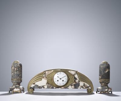 French Art Deco Marble with Bronze Details Clock Set