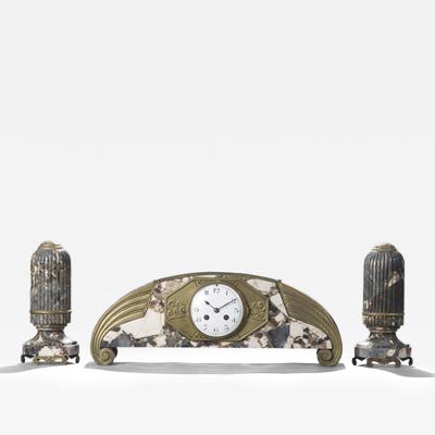French Art Deco Marble with Bronze Details Clock Set