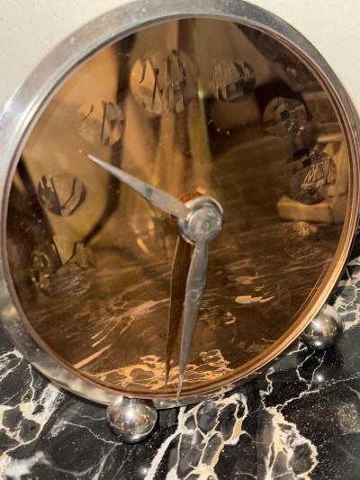 French Art Deco Modernist Clock with Mirrored Peach Glass Face circa 1930