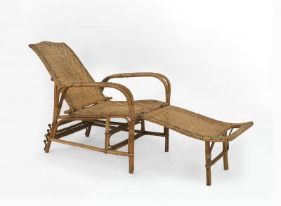 French Art Deco Natural Wicker and Bentwood Adjustable Back Chaise