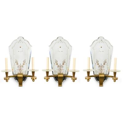 French Art Deco Ormolu and Etched Mirror Wall Sconces