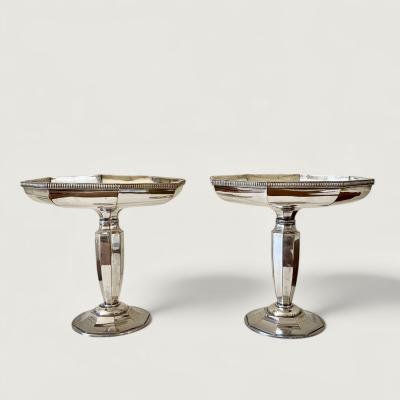 French Art Deco Pair Silver Plate Octaginal Pedestals Dishes