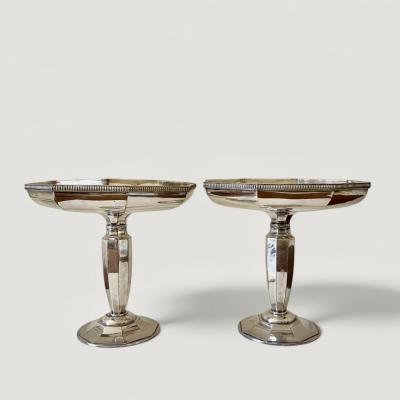 French Art Deco Pair Silver Plate Octaginal Pedestals Dishes