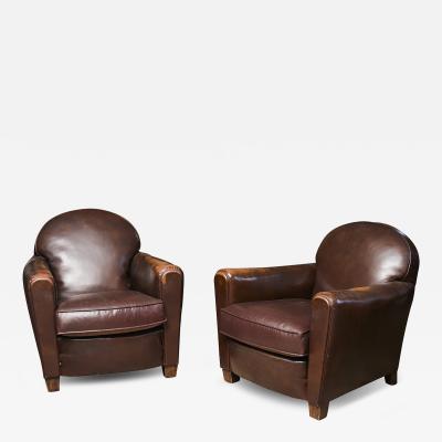 French Art Deco Pair of Leather Armchairs