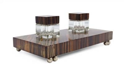 French Art Deco Palisander and Pewter Inkwell