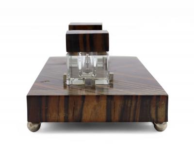 French Art Deco Palisander and Pewter Inkwell