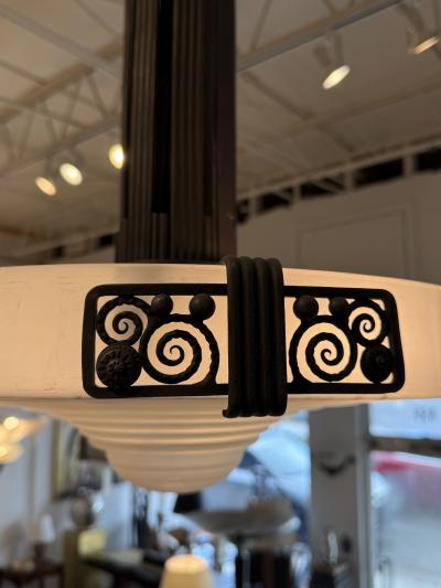 French Art Deco Pendant Chandelier Wrought Iron Frosted Glass 1928