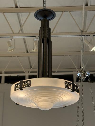 French Art Deco Pendant Chandelier Wrought Iron Frosted Glass 1928