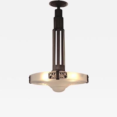 French Art Deco Pendant Chandelier Wrought Iron Frosted Glass 1928