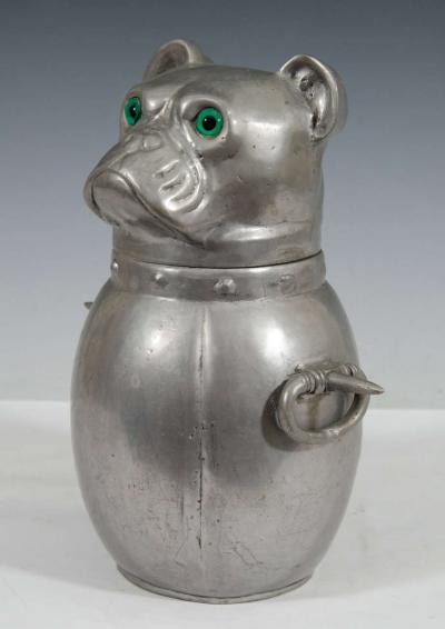 French Art Deco Pewter Bulldog with Glass Eyes Ice Bucket