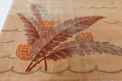 French Art Deco Pine Cone Design on Beige Background Handmade Wool Rug