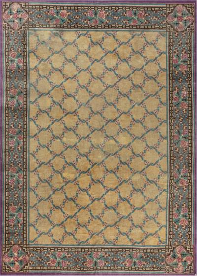 French Art Deco Purple Beige and Green Wool Rug by Jules Coudyser