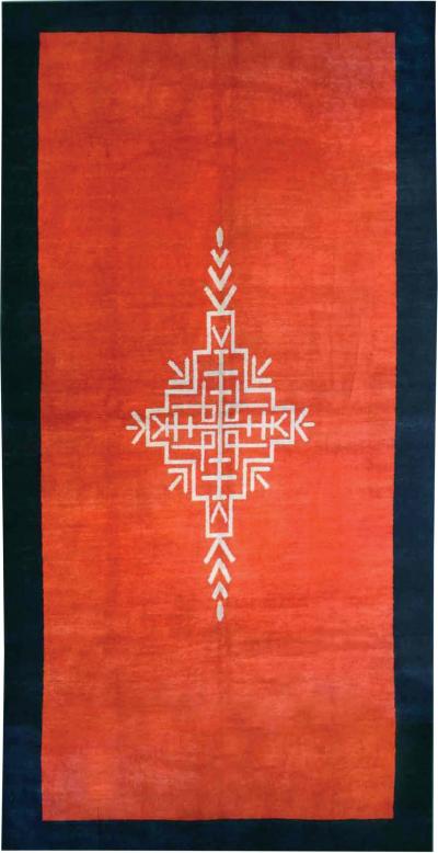 French Art Deco Red Rug with Navy Border and Ivory Central Medallion