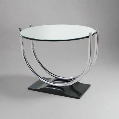 French Art Deco Round Chrome Black Side Table 1930