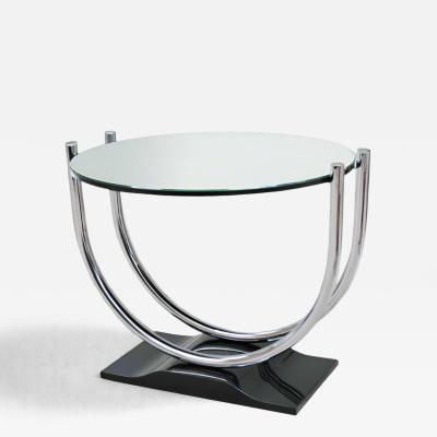 French Art Deco Round Chrome Black Side Table 1930