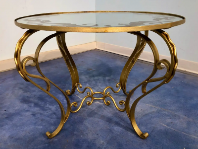 French Art Deco Round Coffee Table in Gilded Iron 1950