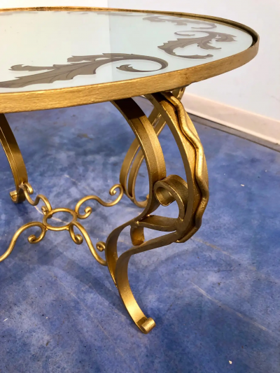 French Art Deco Round Coffee Table in Gilded Iron 1950