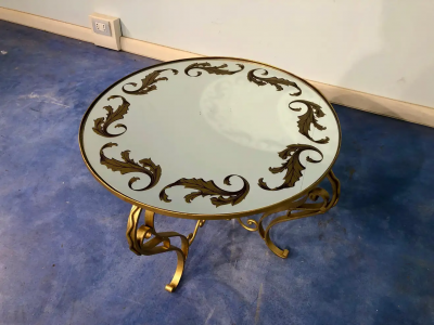 French Art Deco Round Coffee Table in Gilded Iron 1950