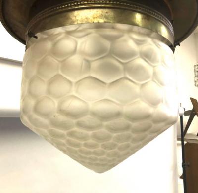 French Art Deco Satin Dimple Glass Brass Pendant Flush Mount Fixture 1925