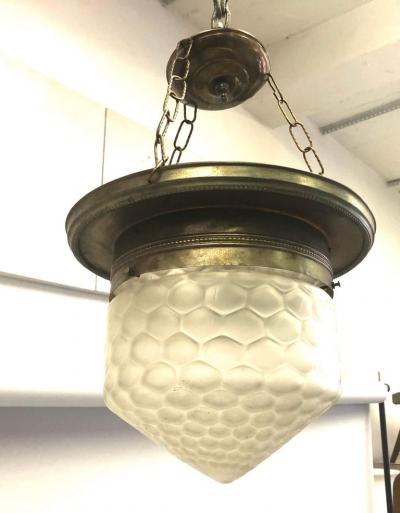 French Art Deco Satin Dimple Glass Brass Pendant Flush Mount Fixture 1925