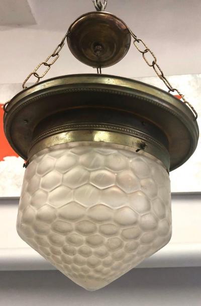French Art Deco Satin Dimple Glass Brass Pendant Flush Mount Fixture 1925