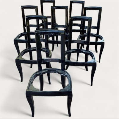 French Art Deco Set of Eight Black Lacquered Dining Chairs 1920s