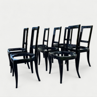 French Art Deco Set of Eight Black Lacquered Dining Chairs 1920s