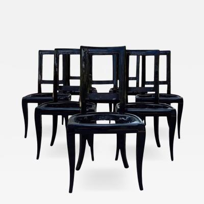 French Art Deco Set of Eight Black Lacquered Dining Chairs 1920s