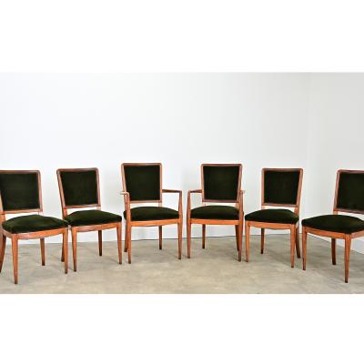 French Art Deco Set of Six Olivewood and Velvet Dining Chairs