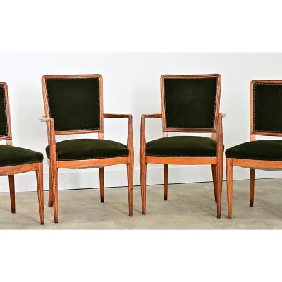 French Art Deco Set of Six Olivewood and Velvet Dining Chairs
