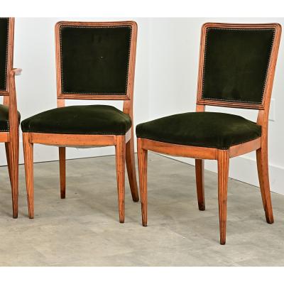 French Art Deco Set of Six Olivewood and Velvet Dining Chairs
