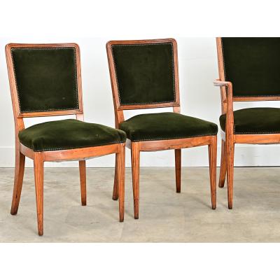 French Art Deco Set of Six Olivewood and Velvet Dining Chairs