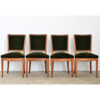 French Art Deco Set of Six Olivewood and Velvet Dining Chairs