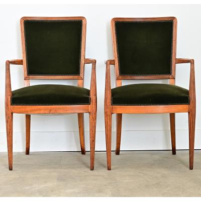 French Art Deco Set of Six Olivewood and Velvet Dining Chairs