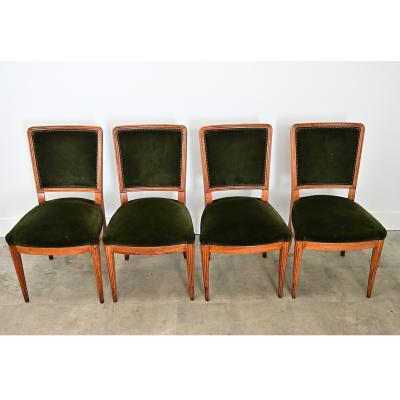 French Art Deco Set of Six Olivewood and Velvet Dining Chairs