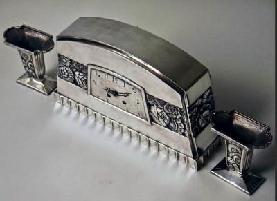 French Art Deco Silvered Bronze Mantle Clock by C Terras 1925