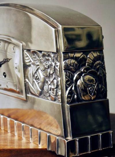 French Art Deco Silvered Bronze Mantle Clock by C Terras 1925