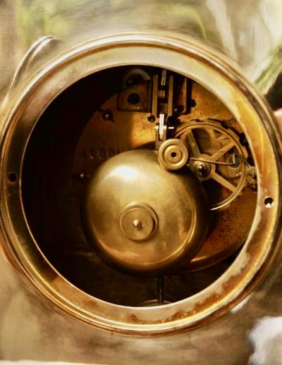 French Art Deco Silvered Bronze Mantle Clock by C Terras 1925