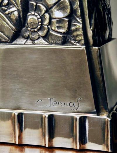 French Art Deco Silvered Bronze Mantle Clock by C Terras 1925