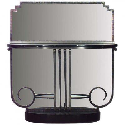 French Art Deco Steel Mirror and Black Marble Console Table