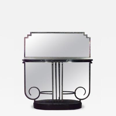 French Art Deco Steel Mirror and Black Marble Console Table
