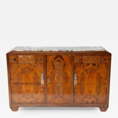 French Art Deco Style Burlwood Marble Top Credenza Sideboard